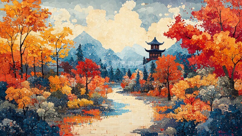 高清大图下载【趣麦麦图】点彩山水图点彩山水风格
