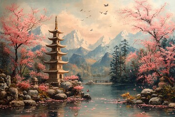 日式园林鸟水灯塔1