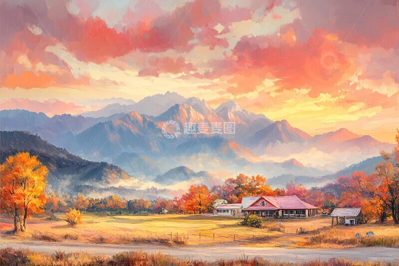 高清大图下载【趣麦麦图】秋叶晚霞映山谷1