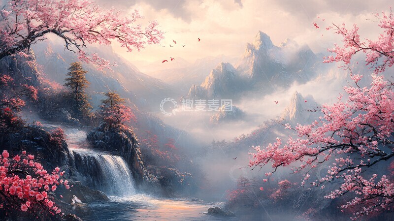 高清大图下载【趣麦麦图】远山流水花鸟图