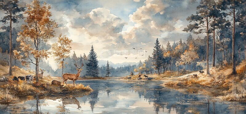 高清大图下载【趣麦麦图】夏日树林动物河流