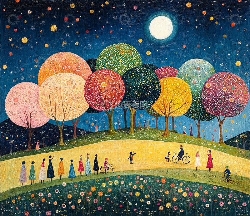 高清大图下载【趣麦麦图】绿树粉树下的人