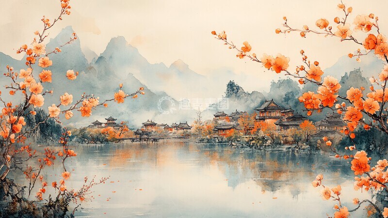 高清大图下载【趣麦麦图】梅花水墨山水图1