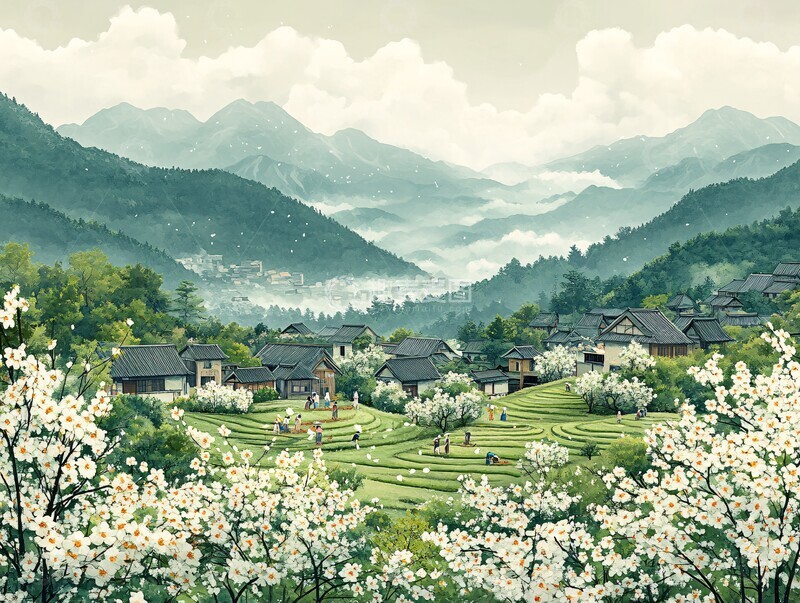 高清大图下载【趣麦麦图】春雨青山稻田村庄2