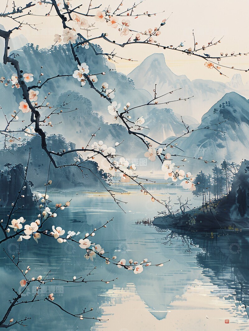 高清大图下载【趣麦麦图】杏花盛开春水流