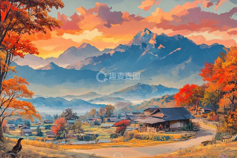 高清大图下载【趣麦麦图】秋叶晚霞映山谷