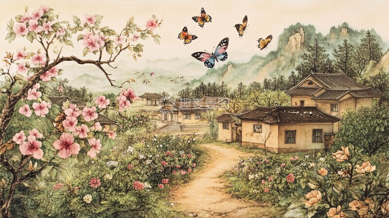 高清大图下载【趣麦麦图】花径蝶舞枝头鸟鸣
