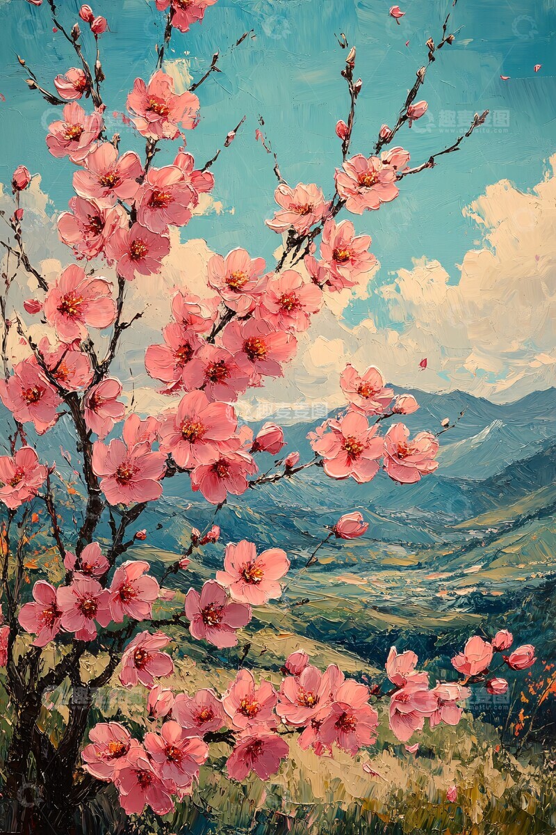 高清大图下载【趣麦麦图】桃树枝桃花桃树桃花绿山