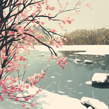 桃花环绕湖面雪1