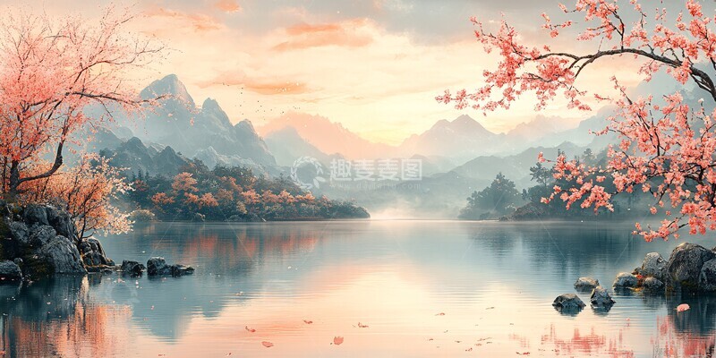 高清大图下载【趣麦麦图】春桃柳树湖景图