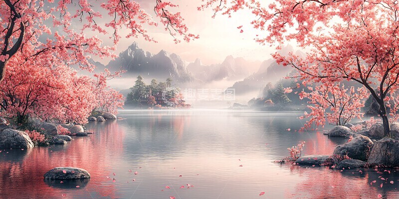 高清大图下载【趣麦麦图】春桃柳树湖景图2