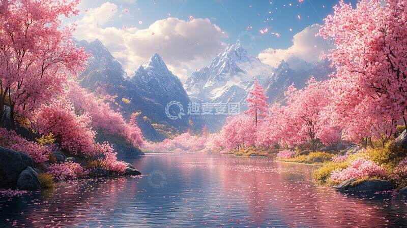 高清大图下载【趣麦麦图】桃林河流桃树河流森林2