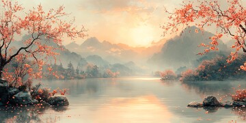 春桃柳树湖景图1