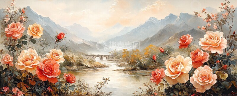 高清大图下载【趣麦麦图】彩色巨玫瑰山水画