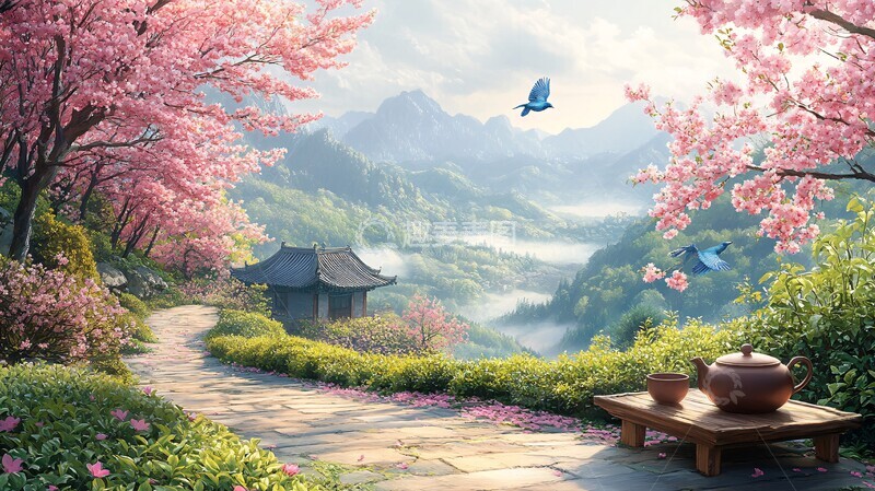 高清大图下载【趣麦麦图】茶园中的蓝鹊与茶具2
