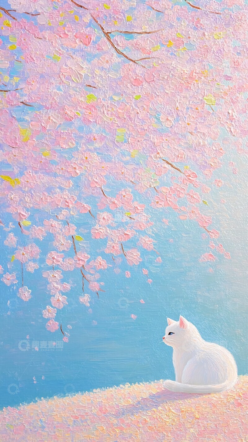 高清大图下载【趣麦麦图】樱花树下小白猫1
