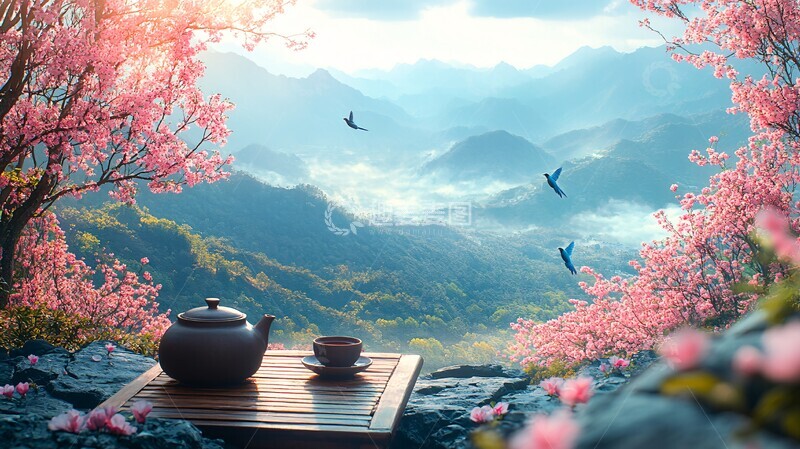 高清大图下载【趣麦麦图】茶园中的蓝鹊与茶具