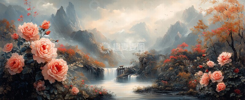 高清大图下载【趣麦麦图】彩色巨玫瑰山水画1