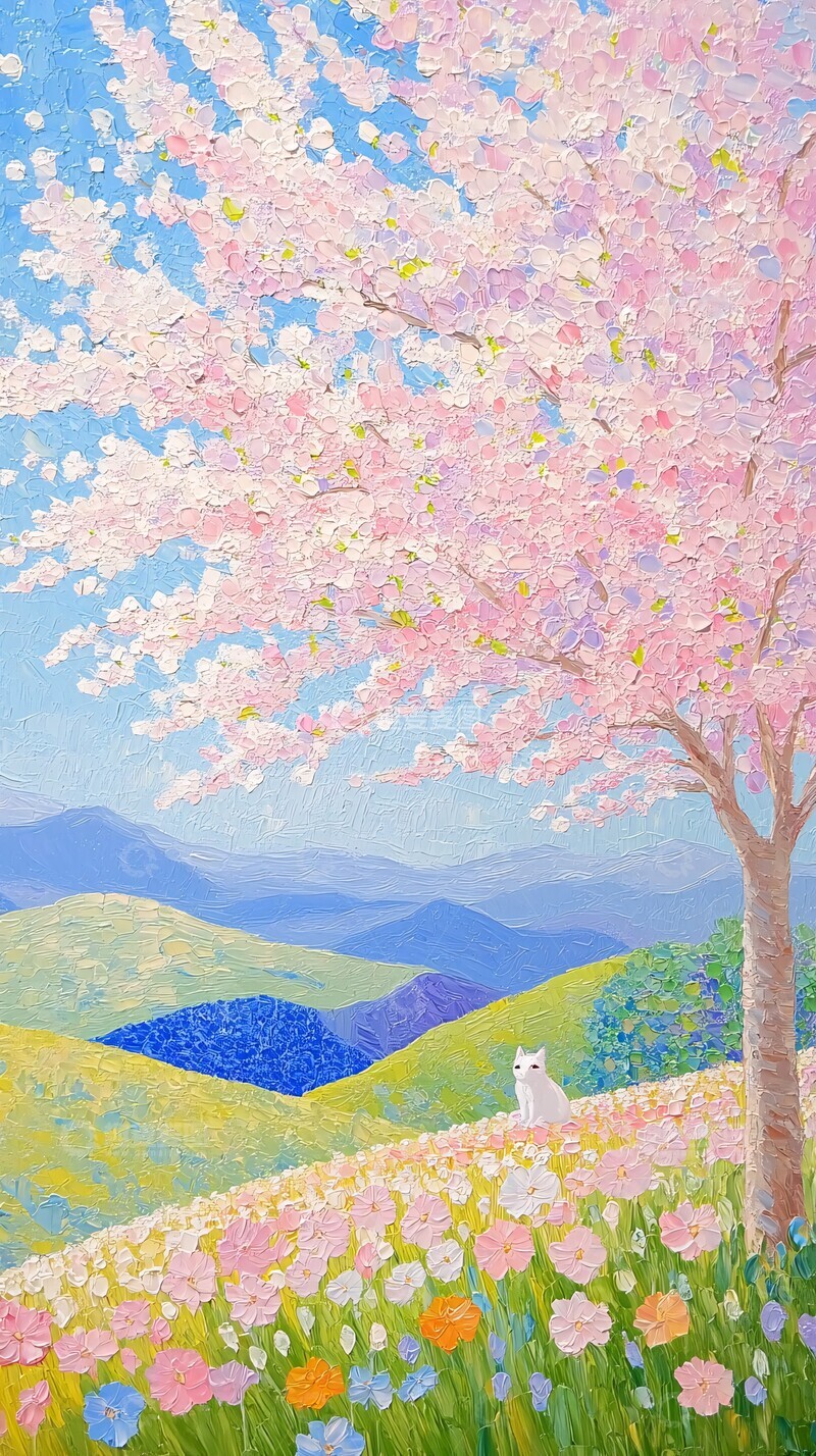 高清大图下载【趣麦麦图】樱花树下小白猫