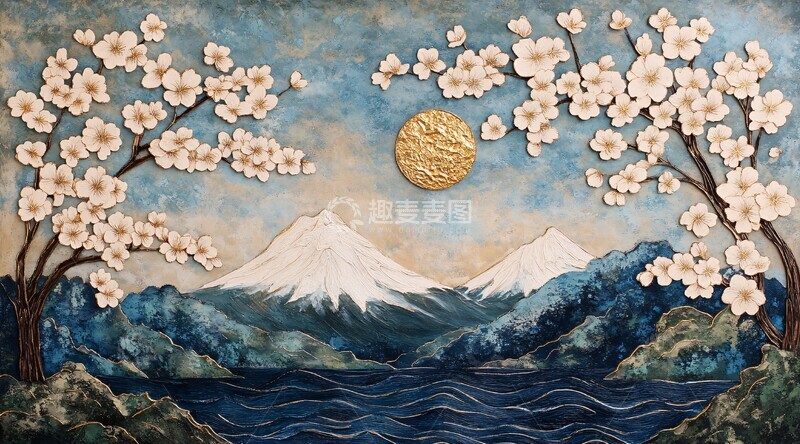 高清大图下载【趣麦麦图】樱花金箔三联画1