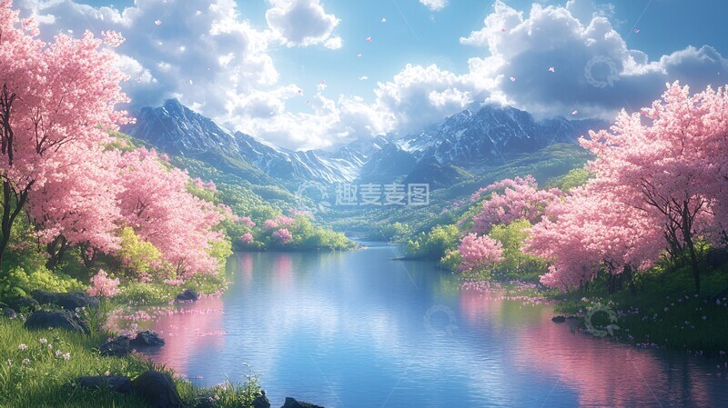 高清大图下载【趣麦麦图】桃林河流桃树河流森林