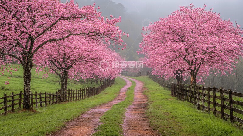 高清大图下载【趣麦麦图】樱花树开花的小路