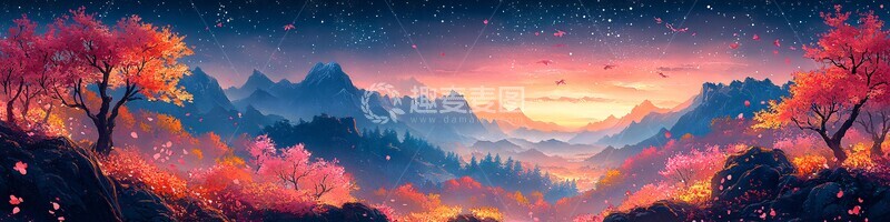 高清大图下载【趣麦麦图】樱花盛开山景图