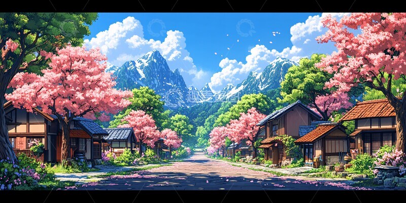 高清大图下载【趣麦麦图】樱花树村落樱花村落春天