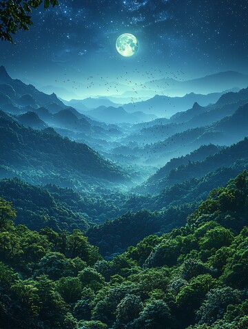 春夜山景月鸟图2