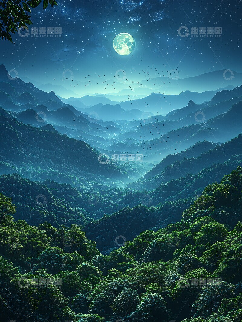 高清大图下载【趣麦麦图】春夜山景月鸟图2