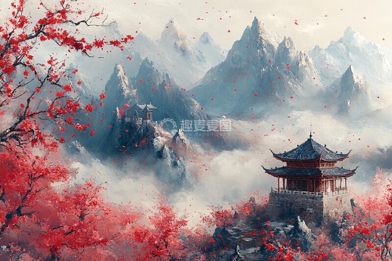 高清大图下载【趣麦麦图】山雾古建红梅图