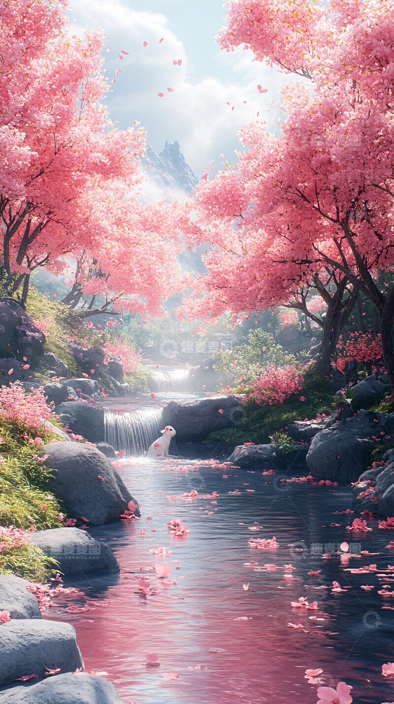 高清大图下载【趣麦麦图】-粉色树木小溪兔子1