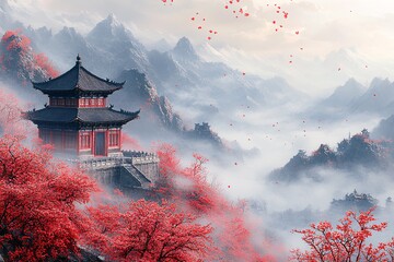 山雾古建红梅图1