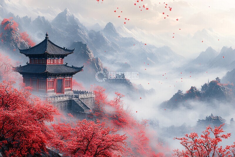 高清大图下载【趣麦麦图】山雾古建红梅图1