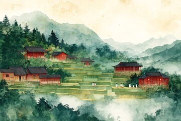 梯田与汉服少女