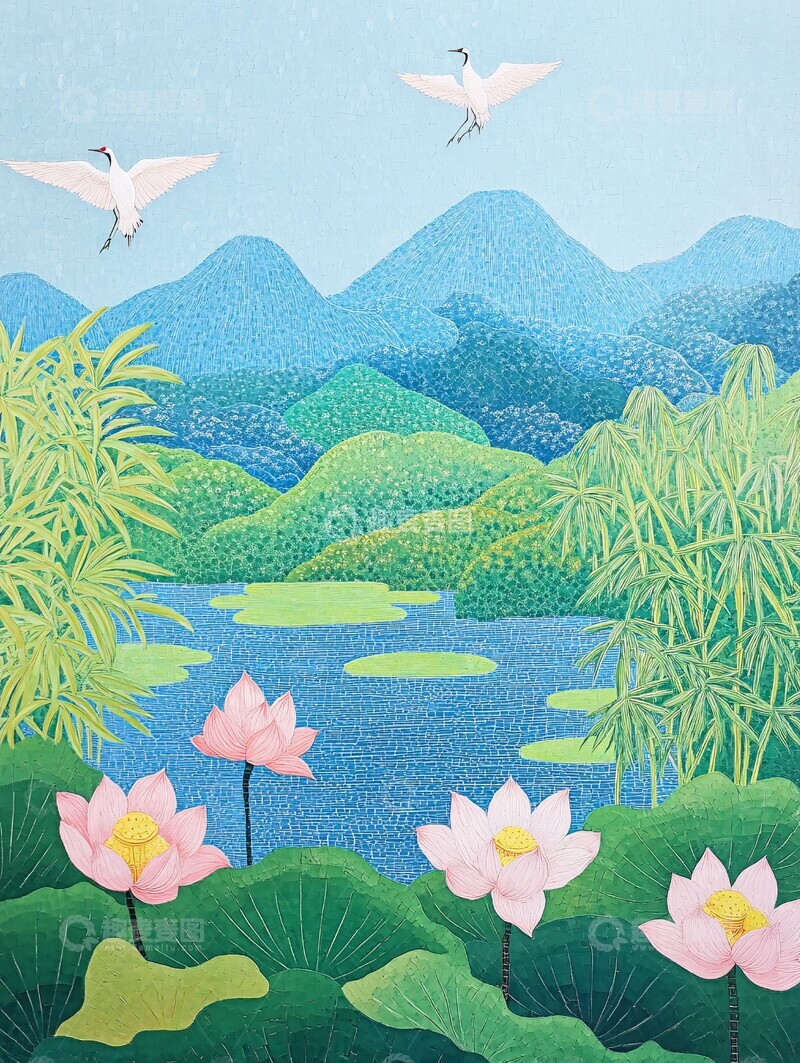 高清大图下载【趣麦麦图】莲花池竹林仙鹤图
