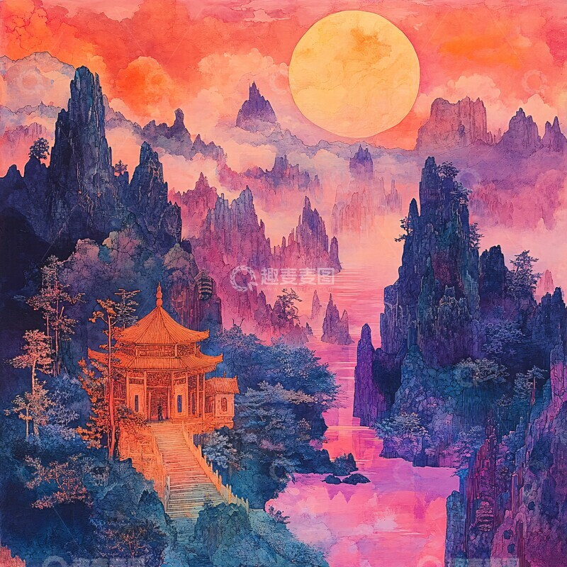 高清大图下载【趣麦麦图】山水画卷彩色中国风景1