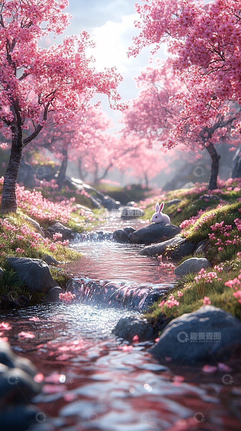 高清大图下载【趣麦麦图】粉色树木小溪兔子