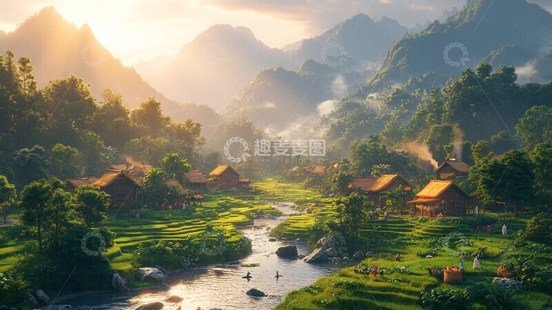 高清大图下载【趣麦麦图】山村晨光山村晨光森林1