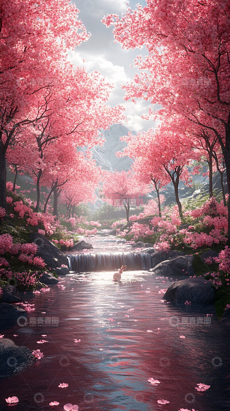高清大图下载【趣麦麦图】粉色树木小溪兔子2