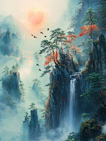 春夜山景月鸟图