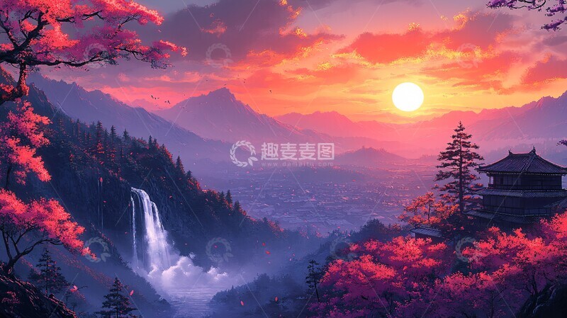 高清大图下载【趣麦麦图】紫蓝树粉草远瀑屋