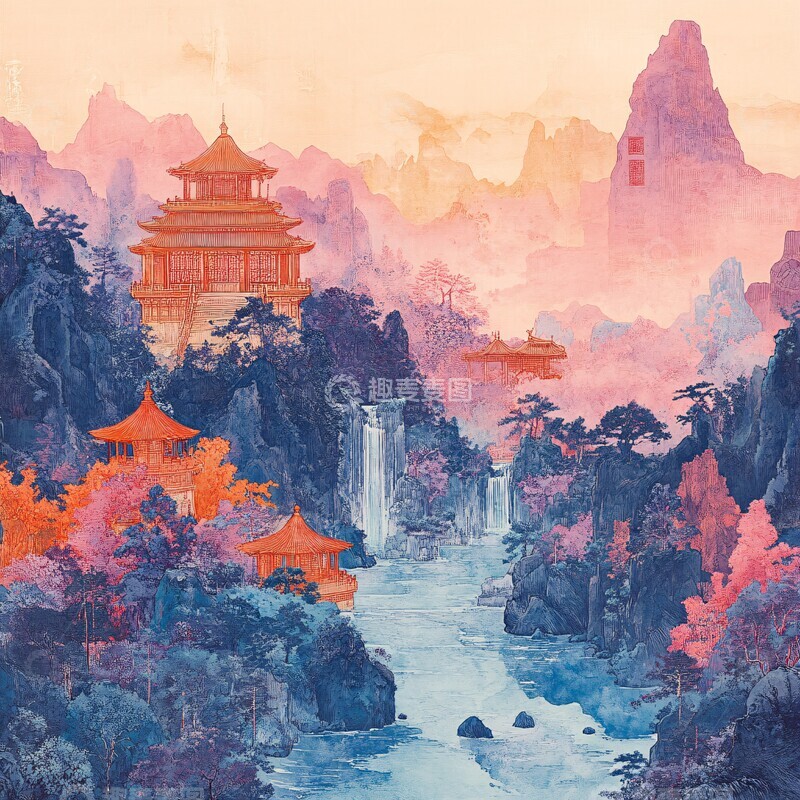 高清大图下载【趣麦麦图】山水画卷彩色中国风景