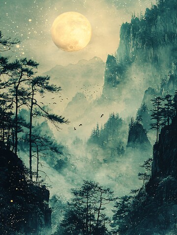 春夜山景月鸟图1