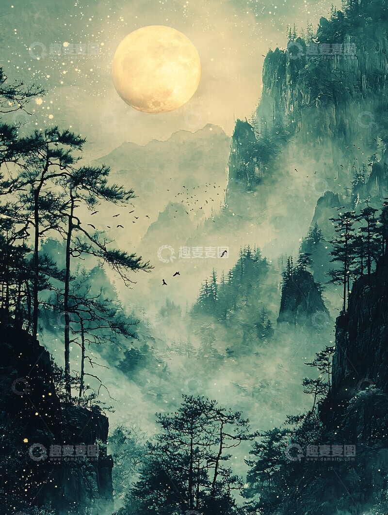 高清大图下载【趣麦麦图】春夜山景月鸟图1
