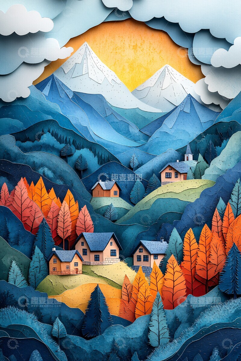 高清大图下载【趣麦麦图】山林村落纸雕