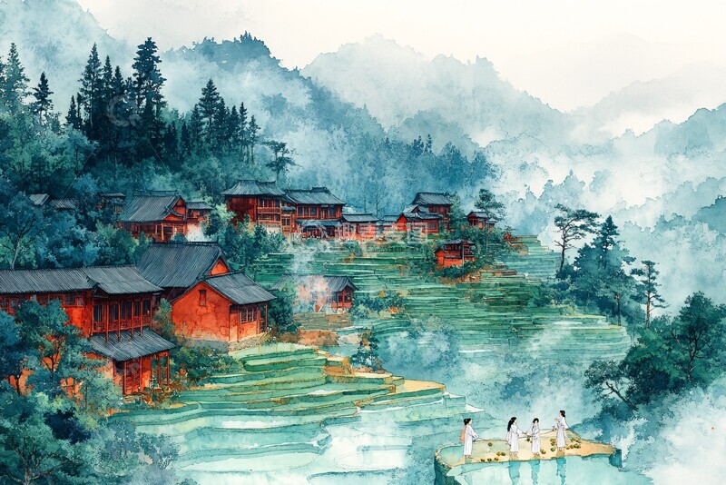 高清大图下载【趣麦麦图】梯田与汉服少女1