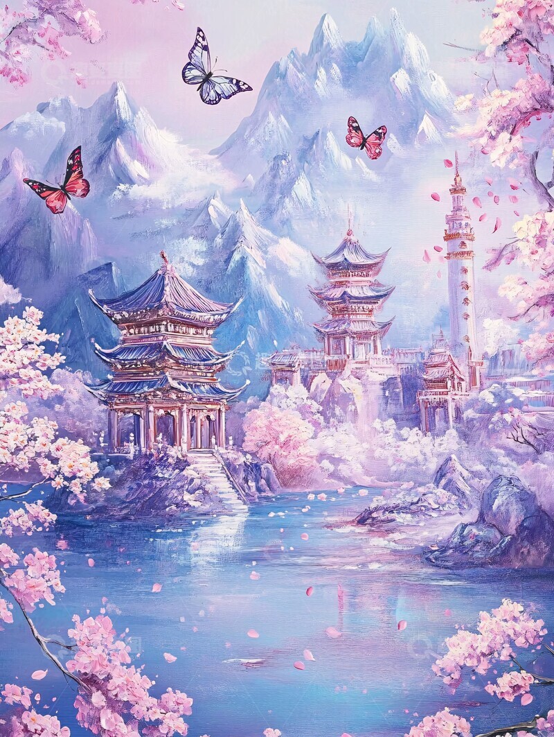 高清大图下载【趣麦麦图】紫霞桃李山水画