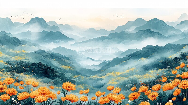 高清大图下载【趣麦麦图】黄花云山图黄花云山云彩