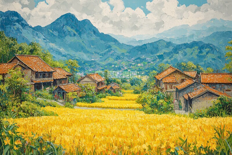 高清大图下载【趣麦麦图】-稻田房屋山景画1